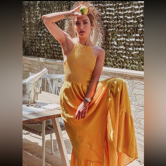 Shirred Cami Yellow Flared Maxi Long Dress Asymmetrical Hem - Picture 14 of 14